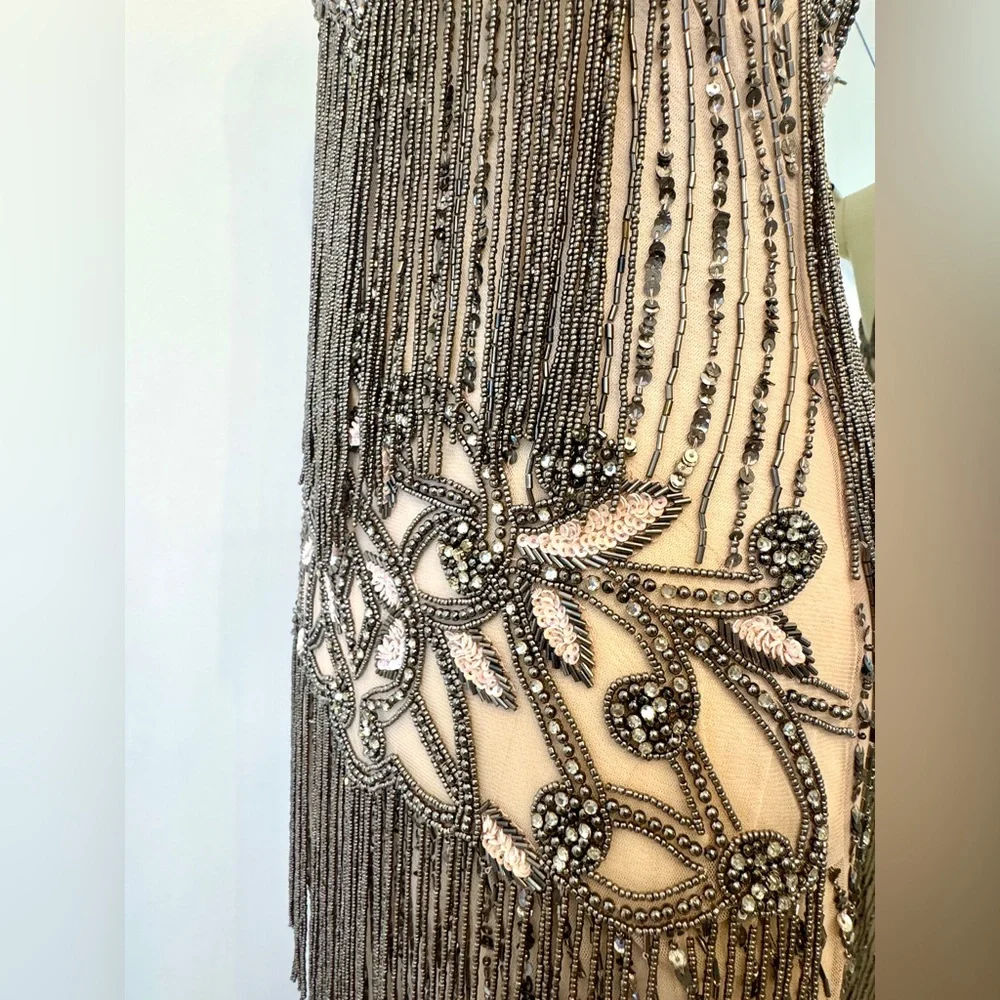 Heavily Beaded Halter Gown – Open Back Sheer Fringe Maxi Dress Glam Formal - Picture 7 of 12